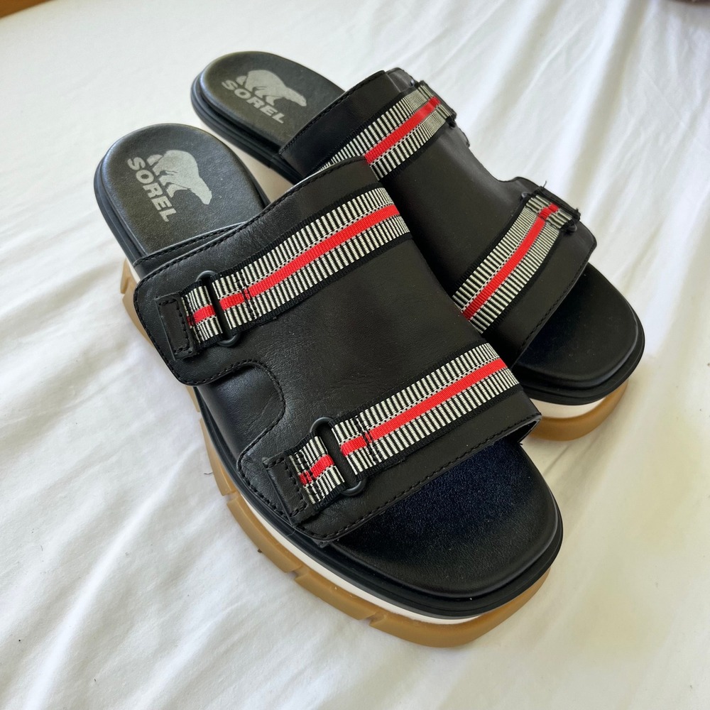 Sorel Women Jonie III Wedge Slide Sandals Black Red/Orange-White NL4044-010 7.5